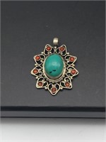 Vtg Sterling Silver Turquoise & Coral Pendant