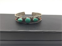 Vtg Tibetan Sterling Silver Turquoise & Coral Cuff