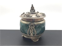 Rare Silver Chinese Green Marble Jade Incense Box