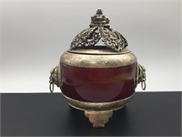 Rare Silver Chinese Red Jade Incense Box