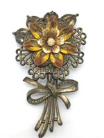 Vintage Brass & Citrine Lucite Flower Brooch