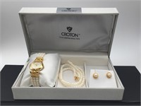 Croton Genuine Pearl Watch, Necklace & Earring Set