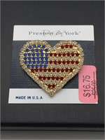 Preston & York Rhinestone Heart Flag Brooch