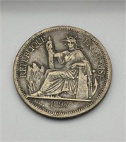 1897 Indochina Federation 1 Piastre Silver Coin