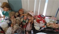 TRAY & BOX OF EARLY DOLLS WITH CLOTHES