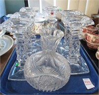 CRYSTAL WATERFORD MARQUIS CANDLESTICKS & DECANTER