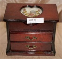 SMALL WOOD JEWELRY BOX W/CONTENTS