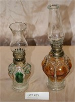 2 SMALL OIL STYLE GLASS LAMPS W/CHIMNEYS