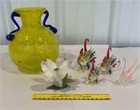 Box lot mostly art glass - vase, roosters, swan