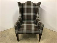 Quality grey and black plaid wing back chair