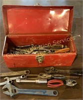 Red Metal Tool Box with Assorted Tools