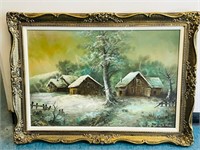 Lrg framed country scene painting on canvas