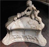 Antique metal jewelry casket w/ cherub, hinged