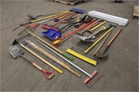 Assorted Tools Including Shovels, Brooms, Fruit