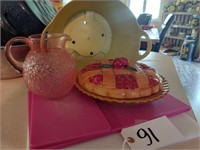 3 cutting boards, pink pitcher, pie plate, cover