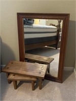Mirror & 2 Hand Crafted Nesting Wood Stools