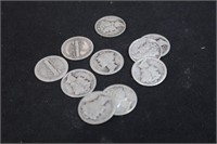 Lot of 10 Early Mixed Date Silver Mercury Dimes