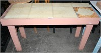 WOOD FARM STYLE TABLE W/LINOLEUM TOP