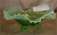 FENTON STYLE FOOTED GREEN & OPALESCENT GLASS DISH