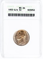 Coin 1955- D/S Jefferson Nickel - ANACS MS64 KEY!