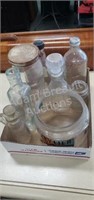Assorted vintage glass bottles, cruets, jars