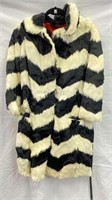 Chevron Black & White Fur Coat with Red Lining