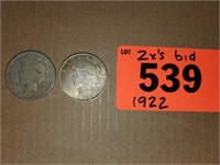 2 X'S BID 1922  PEACE    SILVER DOLLARS