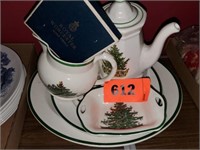 CHRISTMAS THEMED COFFEE POT, PLATES & RELATED