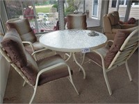 Pebble glass top table and 4 chairs, umbrella hole