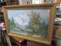 Lg. Signed Mountain Scene Oil on Canvas Pic