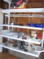 SHELF WITH HEDGE TRIMMER & MORE