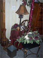 LAMP TABLE, LAMP, CHAIR AND DECOR