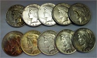 Lot of 10 1923 Circulated Peace Silver Dollars