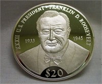 Liberia Franklin Roosevelt $20 .999 Silver Coin