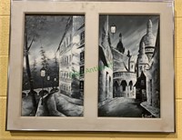 Double oil painting - street scenes at night of