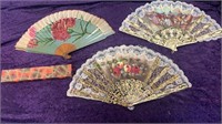 3 antique fans - one with hand painted roses, one