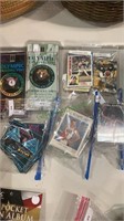 2 Olympic trading pins, assorted sports cards,