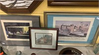Three framed prints, 2 paddle boats passing on