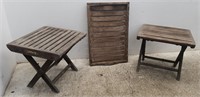 Two Royal Teak patio tables and 1 tray
