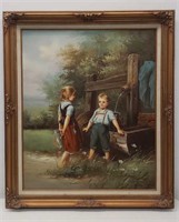 Signed oil on canvas painting of a boy & girl