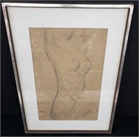 Signed nude charcoal drawing on paper, framed