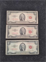 Collection of three 1953 A+B $2 Red Seal US