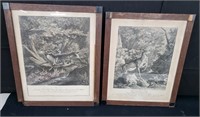Pair of German hunt scene lithographs in frames