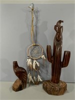 Carved Wood Eagle Sculptures & Spirit Catcher