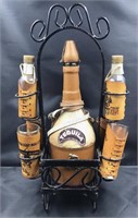 Tequila bar stand includes leather-wrapped