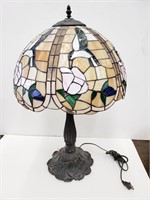 Vintage floral stained glass lamp with brass base
