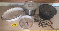 Assorted pots and pans, meat grinder