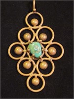 Large turquoise on copper or brass pendant  Very