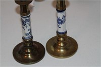 Blue and white porcelain with brass candlesticks