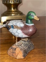 Hand carved wood duck on base